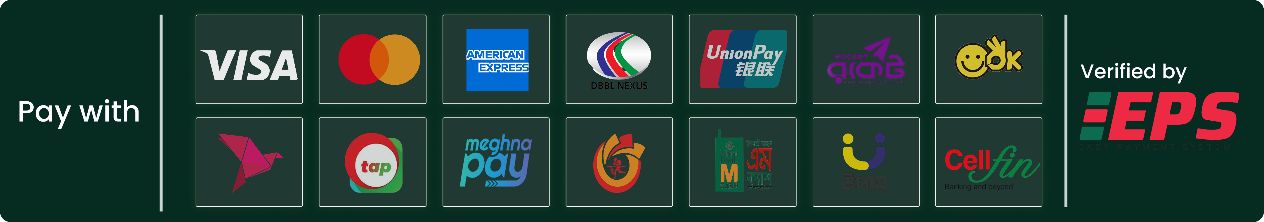 Pay with VISA, Mastercard, American Express, and more — Verified by EPS