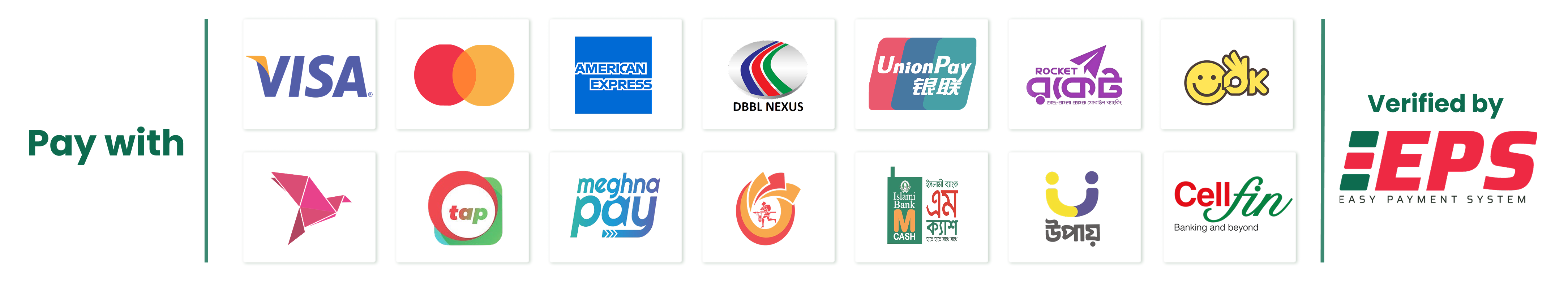 Pay with VISA, Mastercard, American Express, and more — Verified by EPS